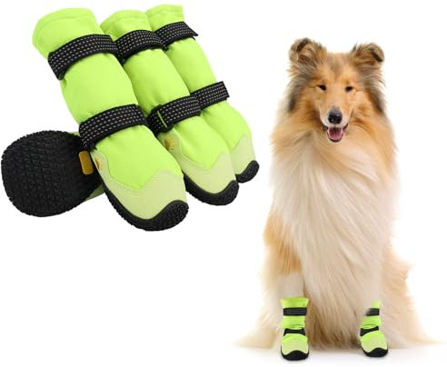 Hundeschuhe,4 Stück Hundeschuhe Pfotenschutz, Kurzer Stil wasserdichte Hundeschuhe Mit Rutschfester Gummisohle und reflektierenden Riemen, Atmungsaktiv Hundestiefel, Dog Shoes (Grün, 5#)