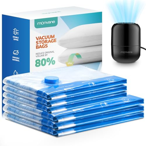 MONVANE Pompe Électrique et Sac Sous Vide 6 Pack - 3XL 80x100cm 3L 60x80cm, Housse de Rangement Sous Vide Aspirateur pour Vêtements, Couettes, Matelas