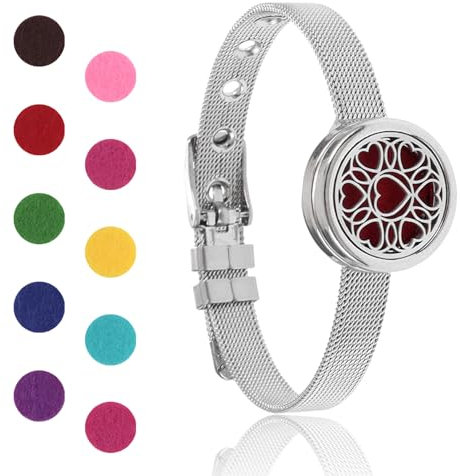 Diffusor-Armband für ätherische Öle, Aromatherapie-Medaillon, verstellbares Armband, Edelstahl, Herz-Uhr-Kette, Armband mit 10 Nachfüllpads für Frauen