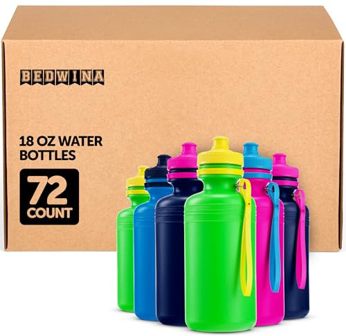 Bedwina Bulk Wasserflaschen für Kinder – (Großpackung mit 72 Stück) 510 ml – 19,1 cm BPA-freie Kunststoff-Wasserflaschen mit Pop-Up-Verschlüssen für den Sommer, wiederverwendbare Wasserflaschen für