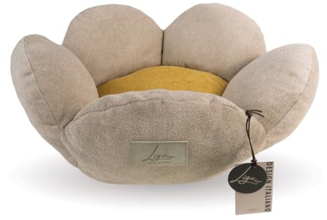 Ligo Fiore - Cuccia per gatti e cani di piccola taglia sfoderabile e lavabile. Cuscino materasso per cani in tessuto. REALIZZATA A MANO IN ITALIA (XS: Ø 60CMx 19 H, GIALLO/BEIGE)