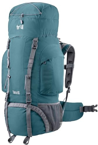 Trail Tatra Hiking Backpack 65L, Trekking Hiking Walking Backpacking Backpack, Water Resistant Multi Pocket Bag, Padded Ventilated Adjustable Hip & Back System, Bungee Cord, USB/Headphone Port (Teal)