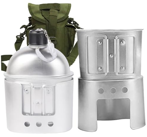 Set de Cantina y Copa Militar de Acero Inoxidable, Militar de Cantina portátil con Taza y cinturón de Cintura de Cubierta de Nylon Verde para Acampar
