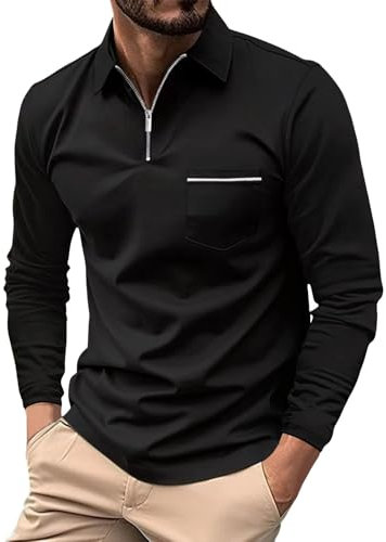 Faonkeew Long Sleeve Men's Zip Neck Sweatshirt Basic T-Shirt with Zip Lapel Long Sleeve Printed Casual Top Long Sleeve Comfortable Polo with Casual Collar Long Sleeve Shirt, black, S
