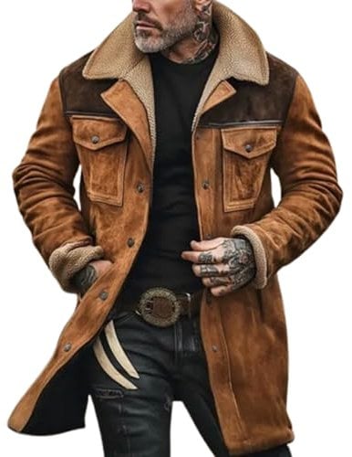 FGRID Men's Vintage Faux Suede Jacket, Plush Collar Western Cowboy Coats Distressed Thicken Multi Pocket Long Motorcycle Trench Coats,Brown,XXL