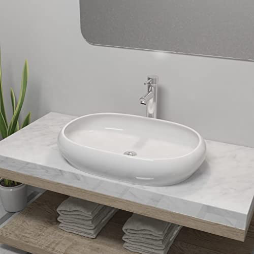 Xichuzi Bad-Waschbecken mit Mischbatterie, Aufsatzwaschbecken, Waschtisch, Bathroom Sink, Aufsatzbecken, Ablaufgarnitur, Keramik Oval Weiß