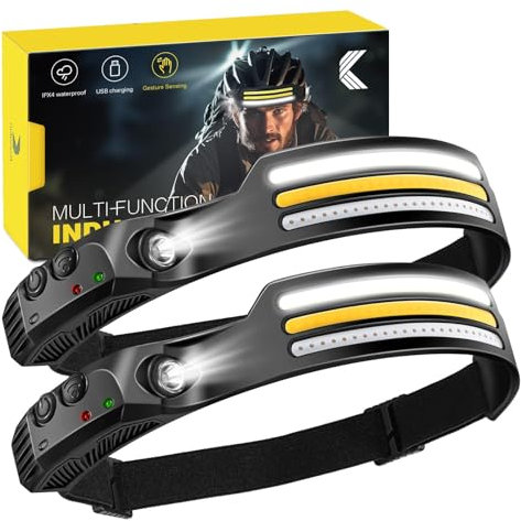 2-Pack-Head Torch Rechargeable-Super-Bright-LED-Headtorch-Headlamp with Sensor Control-Headlight-10 Light Modes-IPX4 Waterproof-Adjustable Strap-Lightweight-For Running-Camping-Cycling-Fishing,2P