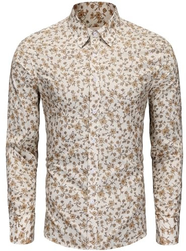 fohemr Mens Floral Shirt Casual Button Down Long Sleeve Flower Printed Shirt 100% Cotton Brown XX-Large