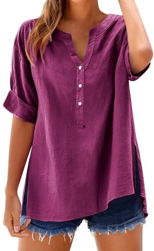 Angxiwan Linen Shirt Women Long Summer Womens Cotton Linen Loose Blouse Tops Ladies T-Shirts Plus Size Short Sleeve Tunic Tops Lightweight Button V-Neck Beach Cover Ups and Kaftans Wine