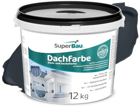SuperBau Dachfarbe Anthrazit (12 kg ca.30m²) Sockelfarbe WASSERDICHT, Fassadenfarbe für Außen, Dachbeschichtung für Blechdach, Bitumen, Dachpappe, Schindeln, Putz