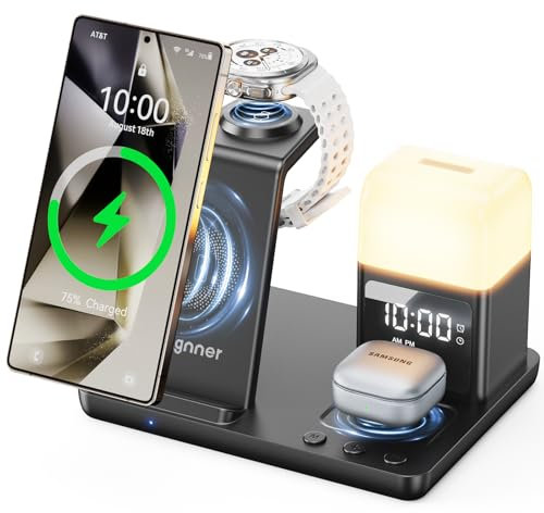 Augnner 6 in 1 Upgraded Wireless Charging Station for Samsung with Alarm Clock & 3-Color Light | 15W Fast Charger for Galaxy S25 S24 Ultra Fold6/5 Galaxy Watch Ultra/6/5 Galaxy Buds (Adapter Included)