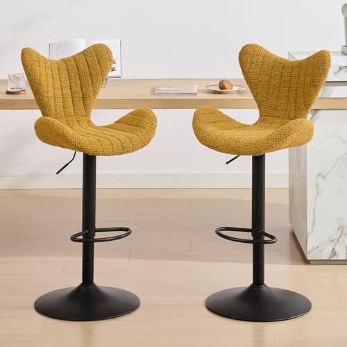 Ya-Home Barhocker 2er Set höhenverstellbar mit Lehne, Chenille, Gelb | Küchenhocker mit Fischschwanz-Rückenlehne, Metallsockel mit Fußstütze, Barstühle drehbar, Warmes Chenille-Gewebe