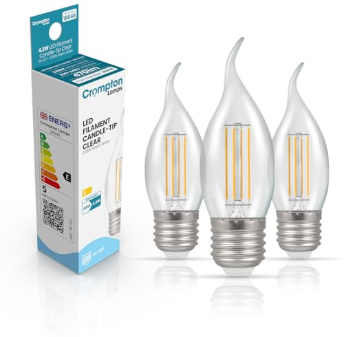 Crompton Lamps Bent-Tip Candle LED Light Bulb ES-E27 | 4.2W = 40W Equivalent | Warm White 2700K | Flame Tip | Edison Screw Lightbulb | Long Life 15,000-Hrs | Clear Glass | 3-Pack