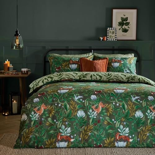 furn. Into The Woods Bettbezug-Set – Wende-Bettwäscheset aus Baumwollmischung mit Waldtieren (Waldgrün – Super King)