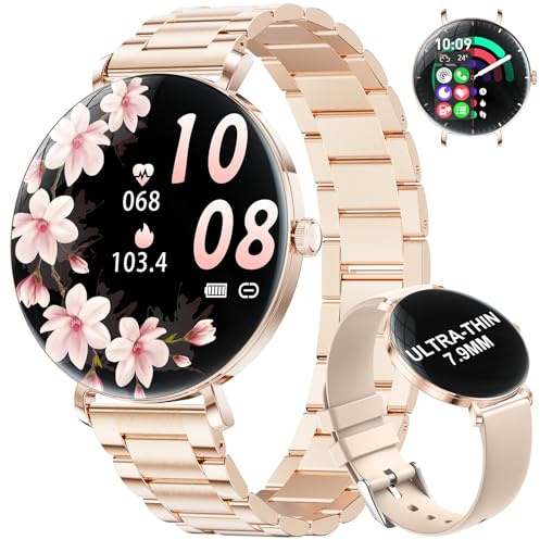 BENYAR SMART Montre Connectée Femme, 1.43 Ultra-Fin Écran AMOLED avec Appel Bluetooth, Santé Féminine, Étanche IP68, 110 + Modes Sportifs, Podomètre, Smartwatch Femme pour iOS Android, Acier Or-Rose