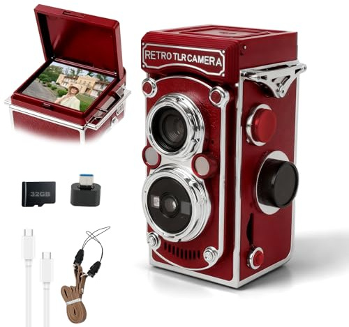Retro Mini Digital Camera, 48MP Image Resolustion Vintage Hand-Crank Digital Camera with 32GB Memory Card 1.54 Screen 1080P Video Night Vision for Beginners Adults Teens (Red)