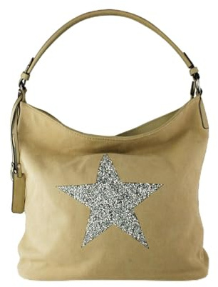 Sparking Rhinestone Embellished Star Canvas Shoulder Bag/Tote Shopper Medium Size 35x30x14 cm (Almond/Bright Star)