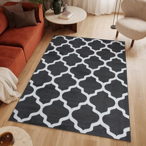 TAPISO Luxury Teppich Kurzflor Modern Marokkanisch Geometrisch Kleeblatt Gitter Rauten Muster Grau Weiß Schlafzimmer Wohnzimmer ÖKOTEX 80 x 150 cm