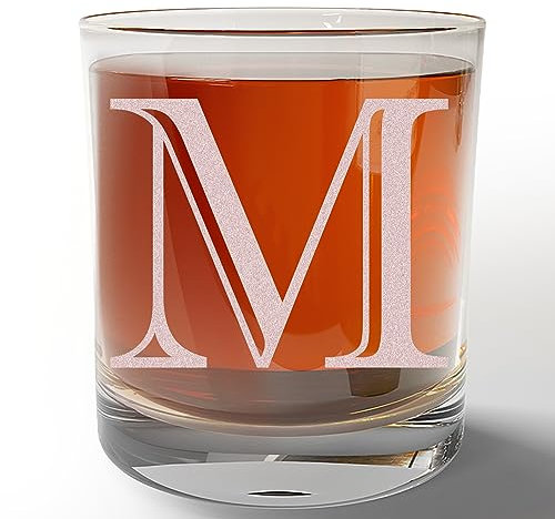 Etched Monogram 325ml Whiskey Rocks Glass (Letter M), A-Z Customised Bourbon Gin Rum Gifts Men, Personalised Whisky Tumbler Glass, Custom Engraved Gifts for Him, Initial, Name, Birthday, Retirement