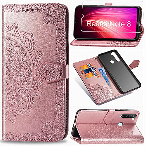 Abuenora Funda para Xiaomi Redmi Note 8 2021/2019, Carcasa Libro con Tapa Flip Case Antigolpes PU Cuero Suave Soporte con Correa Cordel - Mandala Oro Rosa