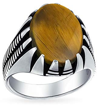 Bling Jewelry Personalisierte Herren Tier Klaue Set Große Ovale Cabochon Edelstein Golden Braun Tiger Eye Signet Statement Western Ring Für Männer Oxidiert .925 Silber Handmade In Turkey Customizable