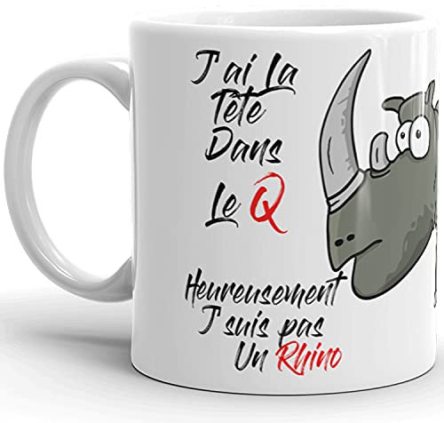 Kalféa Mug Humour j'ai la tête dans le Q j'suis pas un rhino tasse céramique amour drôle Qualité Idée Cadeau Originale Anniversaire Noël Fête femme homme famille ami collegue 325ml