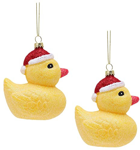 Toyland® 2er Pack – 12 cm gelbe glitzernde Festliche Gummiente Weihnachtskugeln – Christbaumschmuck