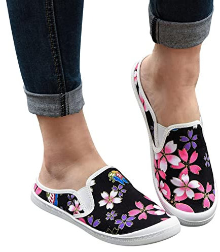 Onsoyours Damen Flache Schuhe Slip-on-Sneakers Schnürsenkel Flacher Absatz Geschlossene Spitze Alltag Täglich Wanderschuhe Leinwand Gummiband C Schwarz 38 EU