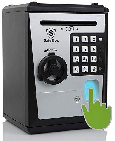 Kids Safe Bank with Fingerprint Password Talking ATM Piggy Bank for Real Money Toy Gift for 6-14 Years Old Boys Girls (Black/Silver)