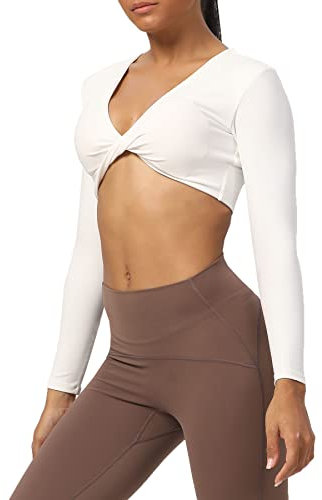 Aoxjox Long Sleeve Crop Tops for Women Sienna Twist Deep V Workout Cropped T Shirt Top, A White, S