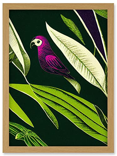 Wee Blue Coo Pink Parrot and Tropical Plant Leaves Vintage Linocut Pattern Detail Artwork Framed Wall Art Print A4