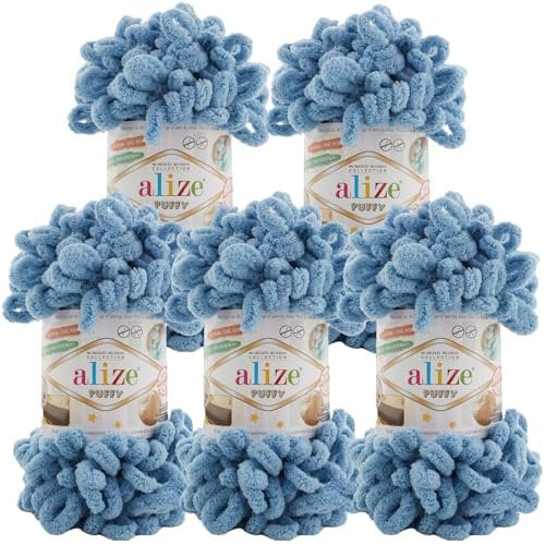 500g Strickgarn ALIZE Puffy Uni, stricken ohne Nadeln auch für Anfänger geeignet, Farbe:280 mittelblau