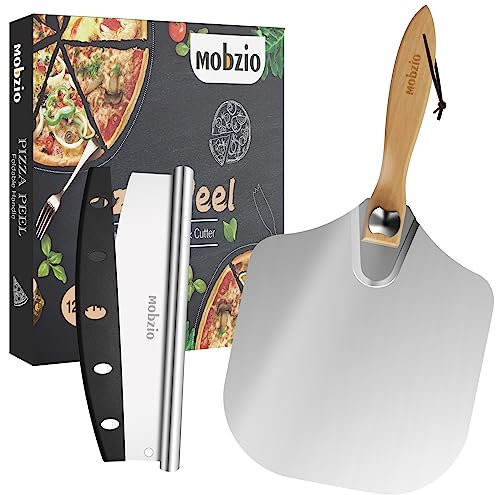 mobzio Pizzaschieber aus Metall, 30,5 x 35,6 cm, Aluminium, Pizzaschneider-Wippe, Pizzaschaufel mit faltbarem Holzgriff, Pizzaofen-Zubehör