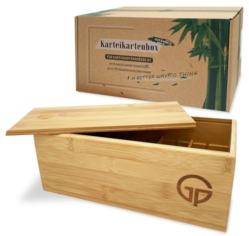 GP Get Productive Karteikasten für 1000 DIN A6 Karteikarten, inkl. 4 einstellbaren Trennbrettern der Lernbox, Bambus Holz Karteibox glanzbeschichtet in premium Qualität, Die Lernkarteibox!