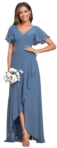 Ever-Pretty Women's Evening Gowns Chiffon V Neck Floor Length Asymmetrical Ruffle Sleeves Dusty Navy 10