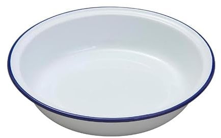 Premium Traditional Enamel White Blue Trim Dinnerware - Set Includes Rice Plate, Blue Trim Pasta Plate, Bowl, Soup Bowl, Round Pie Dish (16cm)