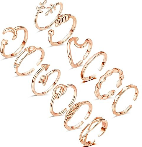 FUNEIA 12 Stücke Verstellbare Ringe Damen 14 Karat Vergoldete Gold Silber Rosegold Ring set Knöchelringe Daumenringe Set Rose Mond Stern Stapelbare Ringe Offene Fingerringe Frauen Mädchen (Roségold1)