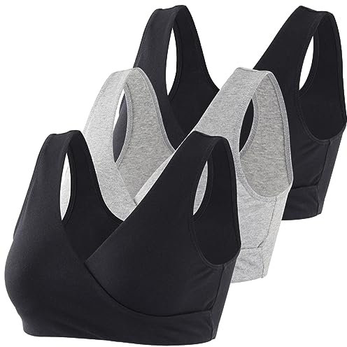 MANCI Cotton Sleep Bra, Comfortable Wireless Bra, Maternity Bra for Nursing, Pregnancy & Breastfeeding (XL, Black+Black+Grey)