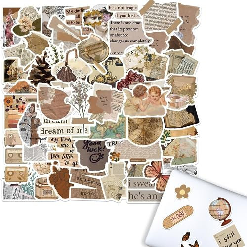 MsTeco 112 Stück Vintage Sticker,Sticker Aesthetic Cute Sticker Set Travel Book Sticker Scrapbook Aufkleber für Koffer,Laptop,Gitarre,Wasserflasche,Telefonkoffer