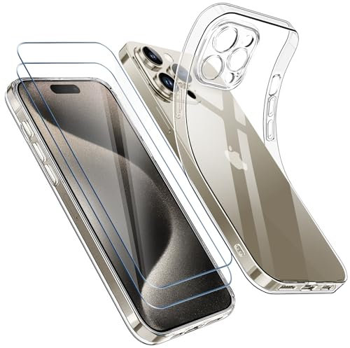 Qasyfanc Kameraschutzhülle Kompatibel mit iPhone 15 Pro Hülle Transparent mit 2 Stück Schutzfolie, Handyhülle iPhone 15 Pro Dünne Weiche Silikon Anti-Gelb Schutzhülle, Durchsichtig