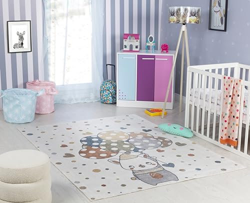 Livabliss Bär Kinderteppich waschbar - Cartoon Teppich 160x213 cm, Waschbarer Teppich Kinderzimmer oder Babyzimmer, Krabbelteppich oder Spielteppich - Baby Teppich für Jungen & Mädchen, Creme