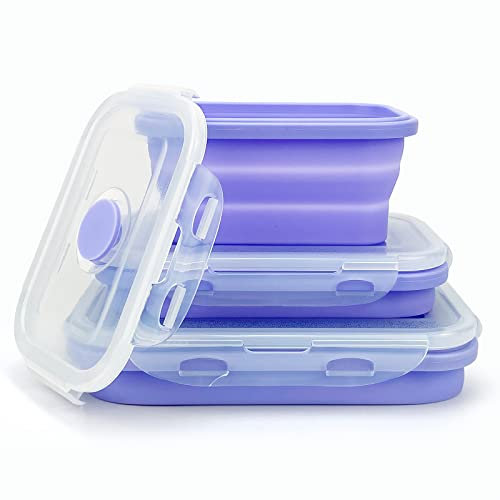 Lunbengo Paquete de 3 fiambreras Bento de silicona, recipientes plegables para alimentos con tapas, recipientes reutilizables para preparación de comidas para microondas, recipientes plegables para