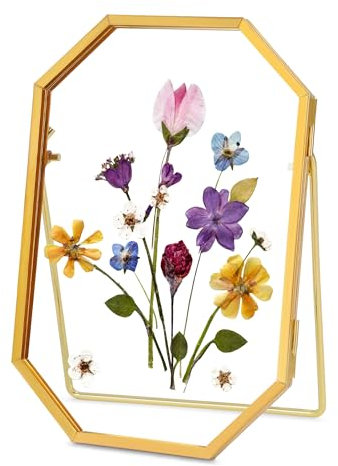 REDHUGO Cadre photo flottant en métal fait à la main - Double cadre en verre pour fleurs pressées - Cadre photo unique, laiton et verre, octogone (vertical), doré