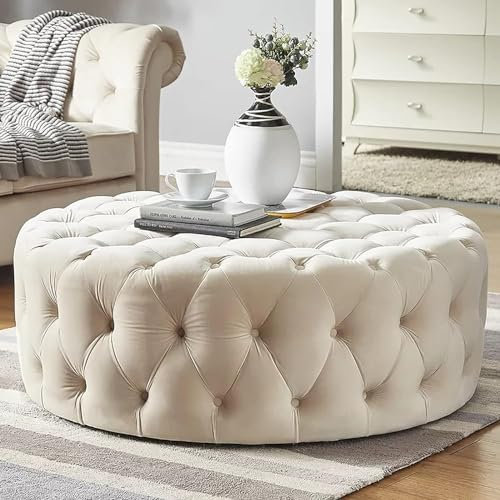 Luxuriöser Bequemer Plüsch-Fußstützenhocker, Kleiner Mordern-Couchtisch, Runder Getufteter Samt-Ottoman, Ende Der Bettbank Für Wohnzimmer, Hosting-Zimmer, Schlafzimmer-Grün 60x60x40cm(24x(Color:Beige)
