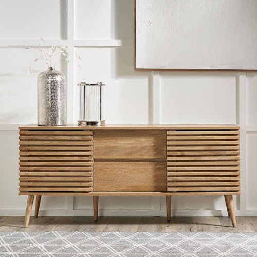 Pacific Lifestyle 2 Door 2 Drawer Wooden Sideboard | Natural Eucalyptus TV Unit | Long Scandi Side Storage Cabinet For Living Room | Cupboard with Drawers and Doors