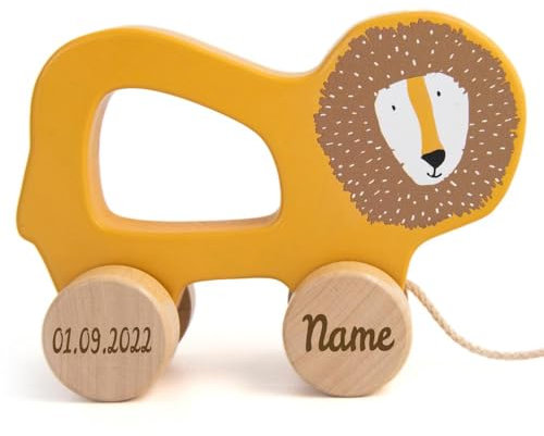 Trixie Nachziehtier Holz PERSONALISIERT mit Name und Datum graviert Motorikspielzeug Schiebetier Löwe