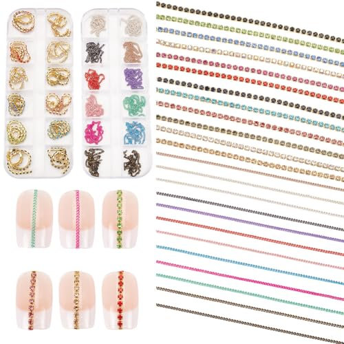 GOMAKERER 24 Pcs 24 Colors Nail Chains, Iron Rhinestone Nail Art Chains Nail Art Jewels Nail Chain Decoration Nail Accessories for Acrylic Nails Crafting DIY