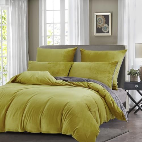 Gezu - Funda nórdica de invierno, 200 x 200 cm, color amarillo y gris, franela de terciopelo, doble cara, espesa, cálida, ropa de cama para adultos, 2 personas, con 2 fundas de almohada de 65 x 65 cm