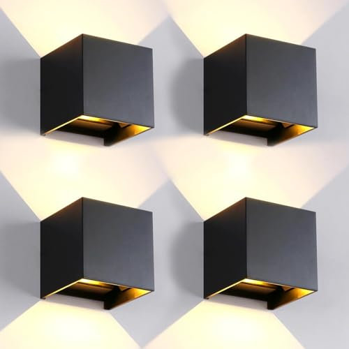 4 Stück Wandleuchte Aussen Innen Einstellbare 3 Lichtfarben LED Wandlampe Aussen Außenwandleuchten Modern Schwarz 15W IP65 Wasserdicht Aluminium Wandleuchte Passen Sie den Lichtwinkel Quadratisch 11CM