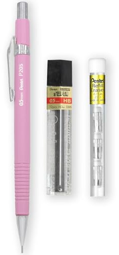 Pentel P205-97C Druckbleistift, Pastellblumen-Reihe, einzeln + 12 Hi-Polymer HB 0,5 mm Nachfüllminen + Z2-1N Radiergummi-Nachfüllminen, 4 Stück (Pastellrosa)